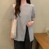 Summer Short Sleeves T shirt For Women Casual Large Size Irregular Split Blouse Round Neck Solid Color Tops light grey 2XL