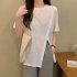 Summer Short Sleeves T shirt For Women Casual Large Size Irregular Split Blouse Round Neck Solid Color Tops light grey 2XL