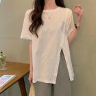 Summer Short Sleeves T-shirt For Women Casual Large Size Irregular Split Blouse Round Neck Solid Color Tops White M