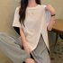 Summer Short Sleeves T shirt For Women Casual Large Size Irregular Split Blouse Round Neck Solid Color Tops light grey 2XL