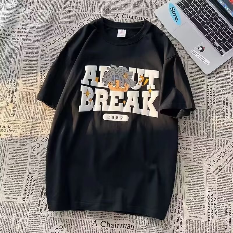 Summer Short Sleeves T-shirt For Men Women Trendy Retro Printing Round Neck Pullover Tops Loose Casual Shirt black 5XL