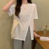 Summer Short Sleeves T shirt For Women Casual Large Size Irregular Split Blouse Round Neck Solid Color Tops White L