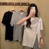 Summer Short Sleeves T shirt For Women Casual Large Size Irregular Split Blouse Round Neck Solid Color Tops White XL