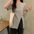 Summer Short Sleeves T shirt For Women Casual Large Size Irregular Split Blouse Round Neck Solid Color Tops White XL