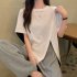 Summer Short Sleeves T shirt For Women Casual Large Size Irregular Split Blouse Round Neck Solid Color Tops White XL