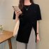 Summer Short Sleeves T shirt For Women Casual Large Size Irregular Split Blouse Round Neck Solid Color Tops White XL