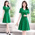 Summer Short Sleeves V-neck Dress For Women Trendy High Waist A-line Skirt Casual Solid Color Pullover Tops green XL