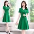 Summer Short Sleeves V neck Dress For Women Trendy High Waist A line Skirt Casual Solid Color Pullover Tops green 2XL