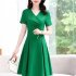 Summer Short Sleeves V neck Dress For Women Trendy High Waist A line Skirt Casual Solid Color Pullover Tops green 2XL