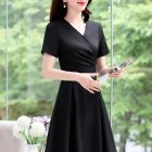 Summer Short Sleeves V-neck Dress For Women Trendy High Waist A-line Skirt Casual Solid Color Pullover Tops black L