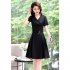 Summer Short Sleeves V neck Dress For Women Trendy High Waist A line Skirt Casual Solid Color Pullover Tops black 2XL