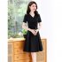 Summer Short Sleeves V neck Dress For Women Trendy High Waist A line Skirt Casual Solid Color Pullover Tops black 2XL