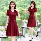 Summer Short Sleeves V-neck Dress For Women Trendy High Waist A-line Skirt Casual Solid Color Pullover Tops red 4XL