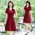 Summer Short Sleeves V neck Dress For Women Trendy High Waist A line Skirt Casual Solid Color Pullover Tops red M