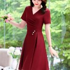 Summer Short Sleeves V neck Dress For Women Trendy High Waist A line Skirt Casual Solid Color Pullover Tops red M