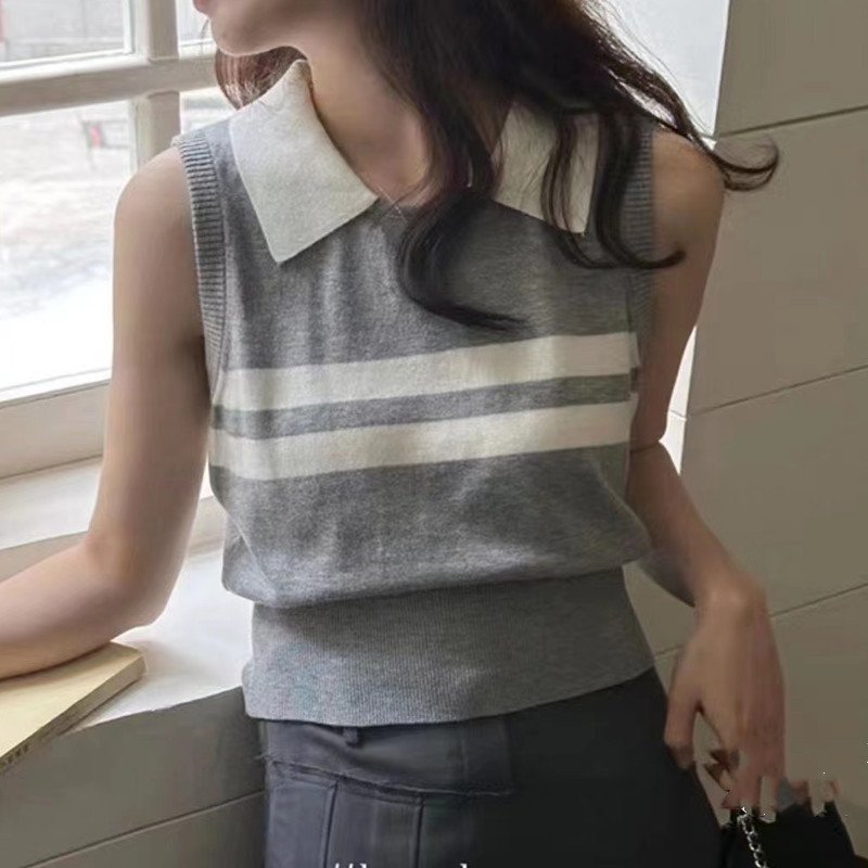 Summer Sleeveless Tank Tops For Women Fashion Striped Lapel Knitted Shirt  Elegant Slim Fit Vest grey one size