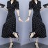 Summer Slim V neck A line Dress Simple Dot Flare Sleeves Middle Long Causal Dress black XL