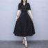 Summer Slim V neck A line Dress Simple Dot Flare Sleeves Middle Long Causal Dress black L