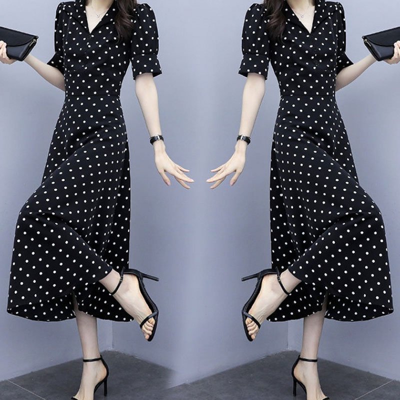 Summer Slim V-neck A-line Dress Simple Dot Flare Sleeves Middle Long Causal Dress black_L