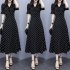 Summer Slim V neck A line Dress Simple Dot Flare Sleeves Middle Long Causal Dress black XL