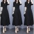 Summer Slim V neck A line Dress Simple Dot Flare Sleeves Middle Long Causal Dress black M