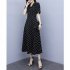 Summer Slim V neck A line Dress Simple Dot Flare Sleeves Middle Long Causal Dress black XL