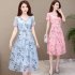 Summer Slim V neck Floral Dress Elegant Short Sleeves Middle Long Printing Causal Dress blue M