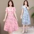 Summer Slim V neck Floral Dress Elegant Short Sleeves Middle Long Printing Causal Dress blue 3XL