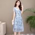 Summer Slim V neck Floral Dress Elegant Short Sleeves Middle Long Printing Causal Dress blue M