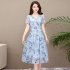 Summer Slim V neck Floral Dress Elegant Short Sleeves Middle Long Printing Causal Dress blue M