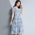 Summer Slim V neck Floral Dress Elegant Short Sleeves Middle Long Printing Causal Dress blue M