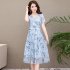 Summer Slim V neck Floral Dress Elegant Short Sleeves Middle Long Printing Causal Dress blue 3XL