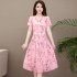 Summer Slim V neck Floral Dress Elegant Short Sleeves Middle Long Printing Causal Dress red XL