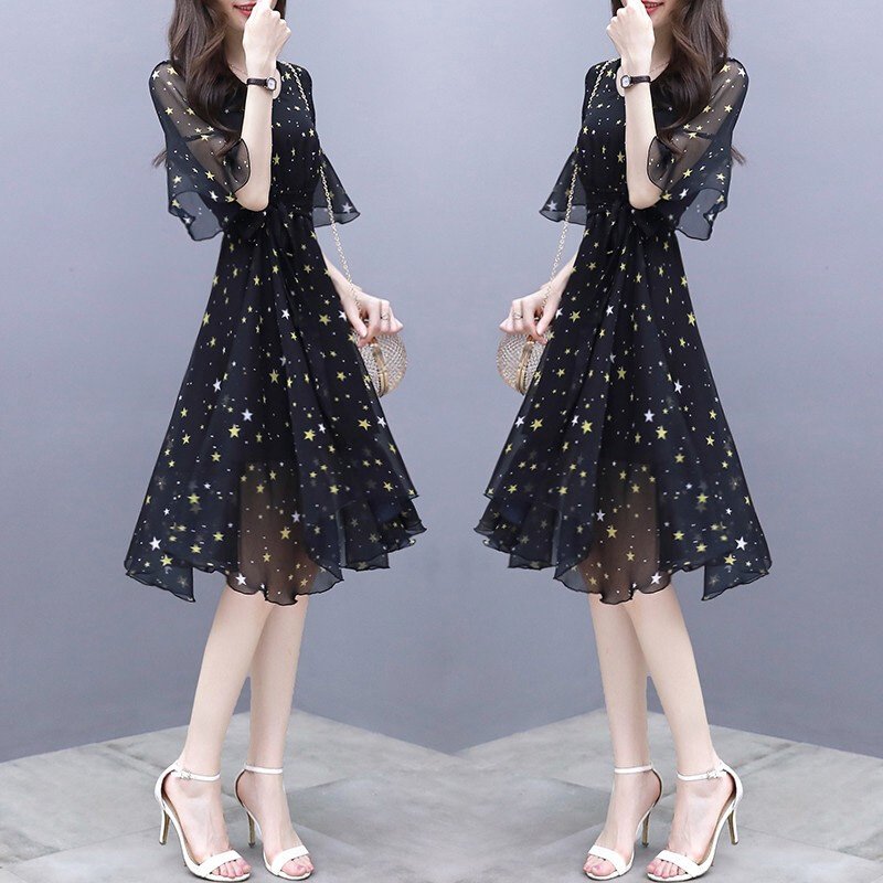 Summer Slim V-neck Ribbon Dress Elegant Star Flare Sleeves Middle Long Printing Dress black_M