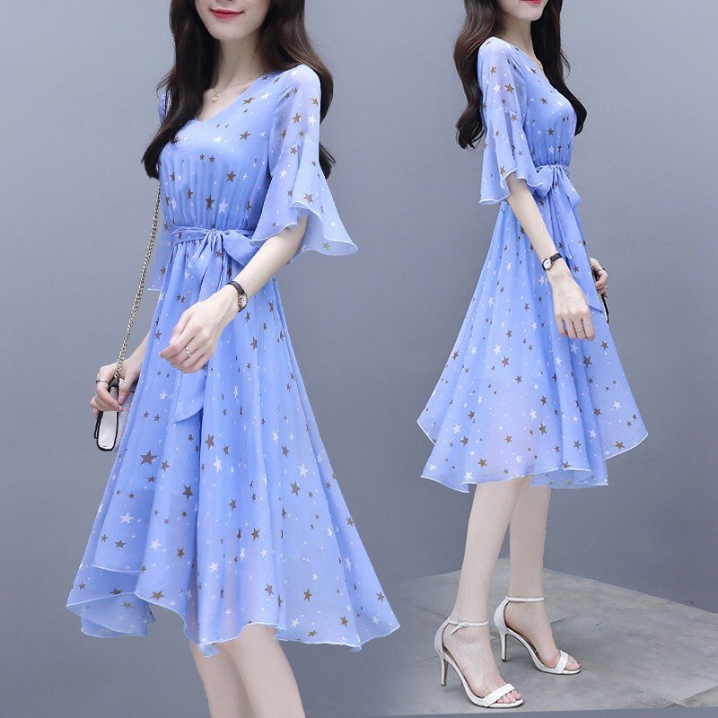 Summer Slim V-neck Ribbon Dress Elegant Star Flare Sleeves Middle Long Printing Dress blue_M