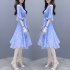 Summer Slim V neck Ribbon Dress Elegant Star Flare Sleeves Middle Long Printing Dress blue M