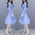 Summer Slim V neck Ribbon Dress Elegant Star Flare Sleeves Middle Long Printing Dress blue L