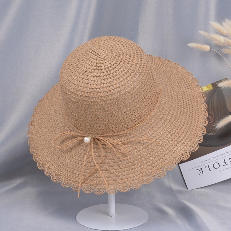 Summer Straw Hat for Women Sun-shade Seaside Ultraviolet-proof Beach Hat Foldable Hat Pearl khaki