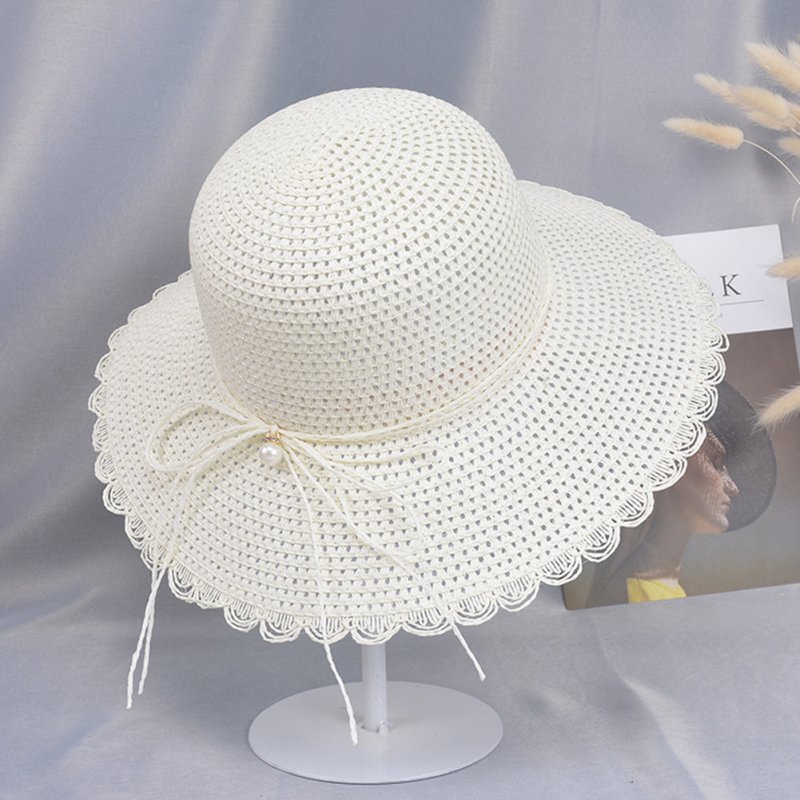 Summer Straw Hat for Women Sun-shade Seaside Ultraviolet-proof Beach Hat Foldable Hat Pearl milk white