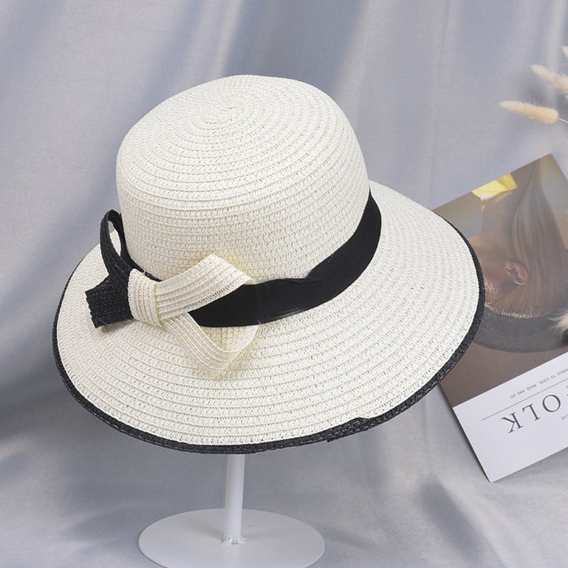 Summer Straw Hat for Women Sun-shade Seaside Ultraviolet-proof Beach Hat Foldable Hat Bow milk white