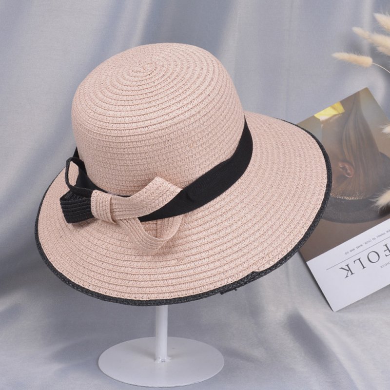 Summer Straw Hat for Women Sun-shade Seaside Ultraviolet-proof Beach Hat Foldable Hat Bow pink
