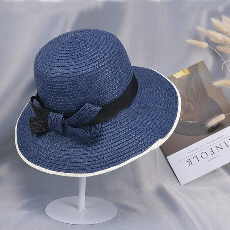 Summer Straw Hat for Women Sun-shade Seaside Ultraviolet-proof Beach Hat Foldable Hat Bow navy