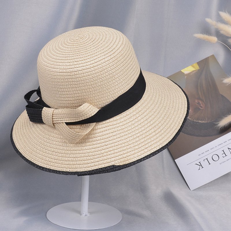 Summer Straw Hat for Women Sun-shade Seaside Ultraviolet-proof Beach Hat Foldable Hat Bow beige