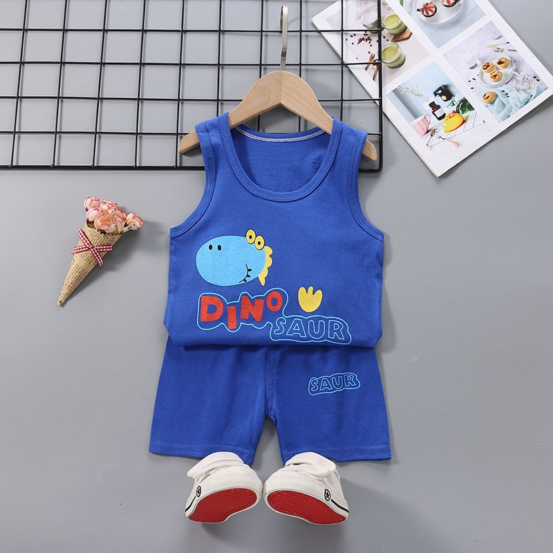 Summer Thin Pajamas For Children Cotton Cute Cartoon Printing Sleeveless Tank Tops Shorts Suit For Boys dark blue dinosaur 18-24 months M