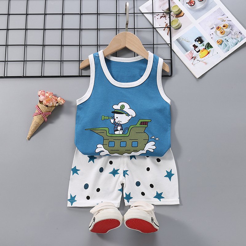 Summer Thin Pajamas For Children Cotton Cute Cartoon Printing Sleeveless Tank Tops Shorts Suit For Boys blue navy 18-24 months M