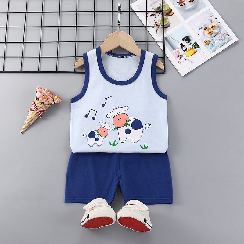 Summer Thin Pajamas For Children Cotton Cute Cartoon Printing Sleeveless Tank Tops Shorts Suit For Boys cow 2-3 years L