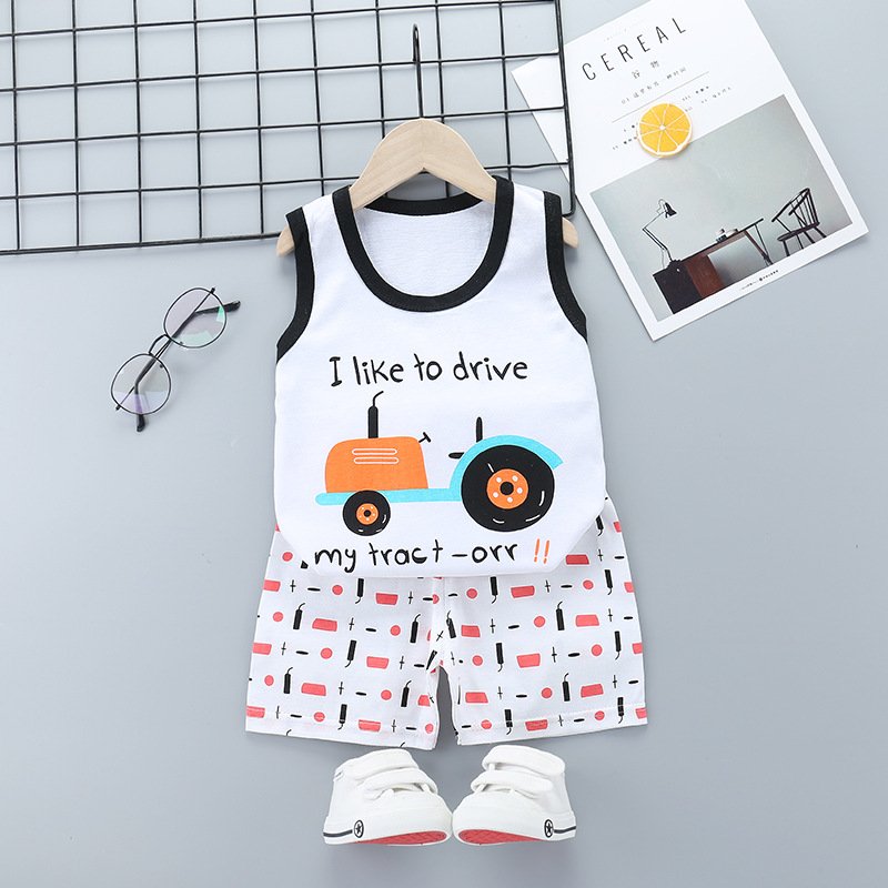 Summer Thin Pajamas For Children Cotton Cute Cartoon Printing Sleeveless Tank Tops Shorts Suit For Boys cartoon four wheels 3-4 years XL