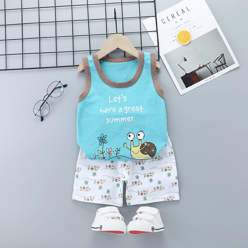 Summer Thin Pajamas For Children Cotton Cute Cartoon Printing Sleeveless Tank Tops Shorts Suit For Boys snail 4-5 years 2XL