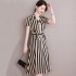 Summer V Neck Dress For Women French Style Fashion Striped A line Skirt High Waist Pullover Mid length Skirt Apricot white 2XL
