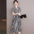 Summer V Neck Dress For Women French Style Fashion Striped A line Skirt High Waist Pullover Mid length Skirt Apricot white 2XL
